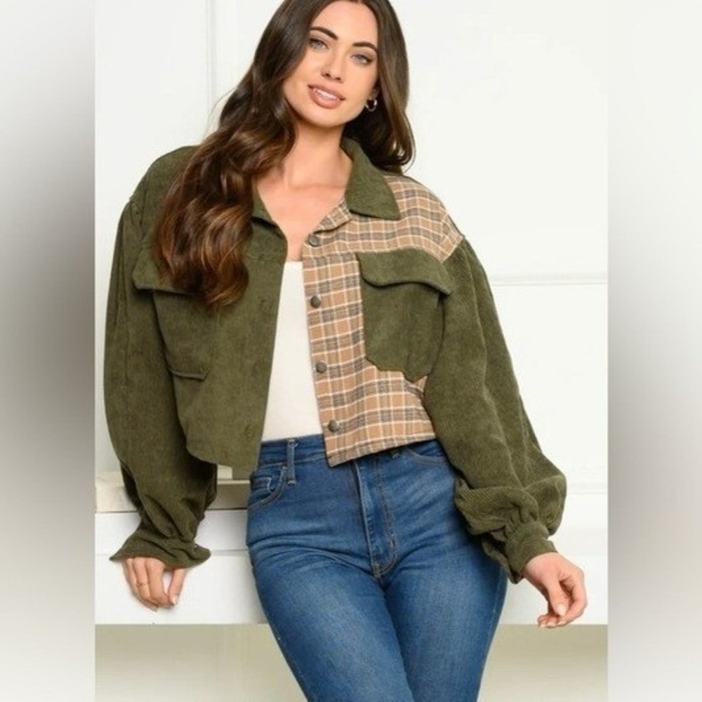 Hyfve Olive Green Corduroy Plaid Mixed Media Cropped Jacket Small Oversized Boho